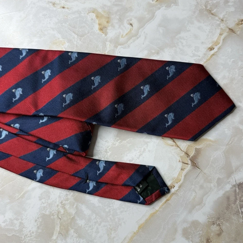 NWT J. Crew Men's Silk Necktie Diagonal Stripe Whale Print Red Blue 3 1/2